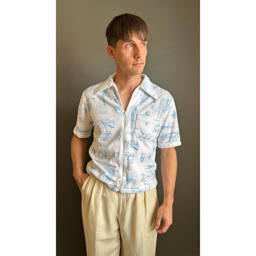 Vintage 1970s Jantzen Nautical Print Dagger Collar Polo Shirt, Medium Large
